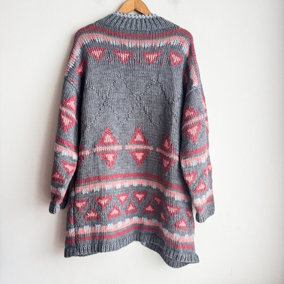 Vintage Handmade Grey Pink Southwestern Print Open Front Cardigan L - Picture 4 of 5
